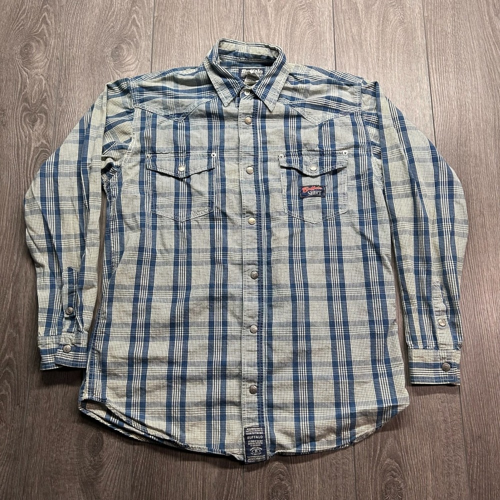 Vintage Buffalo David Bitton Mens Medium Blue Plaid Western Snap Button Up Shirt